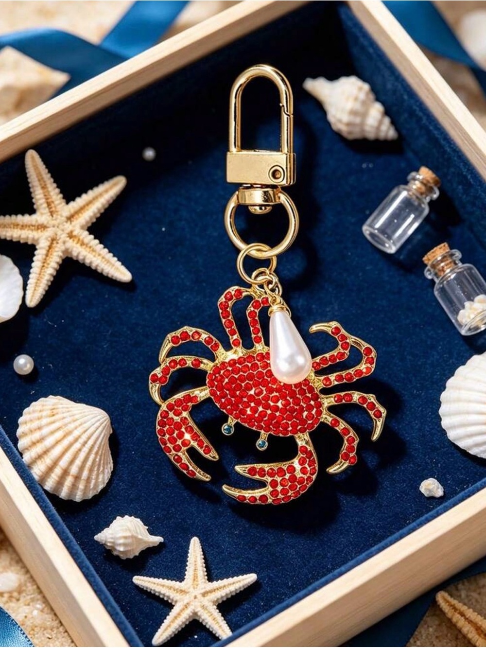 Gold-Tone Red Crystal Crab Bag Charm with Pearl Accent - Picture 7 of 8